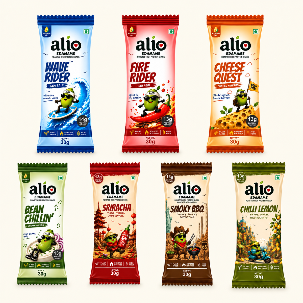 ALIO High Protein Roasted Edamame - Pack of 7 flavours ( 30 gm )